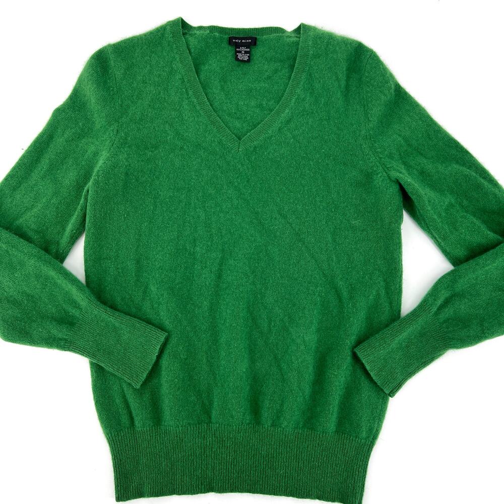 Only Mine Womens 2-Ply 100% Cashmere Kelly Green V Neck Sweater Size M Preowned